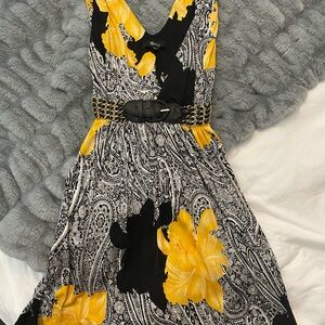 SKY Black and Yellow Floral Dress with Braided Belt size XS